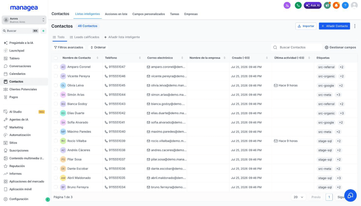 La lista de contactos, con sus etiquetas y las columnas que elijas mostrar.