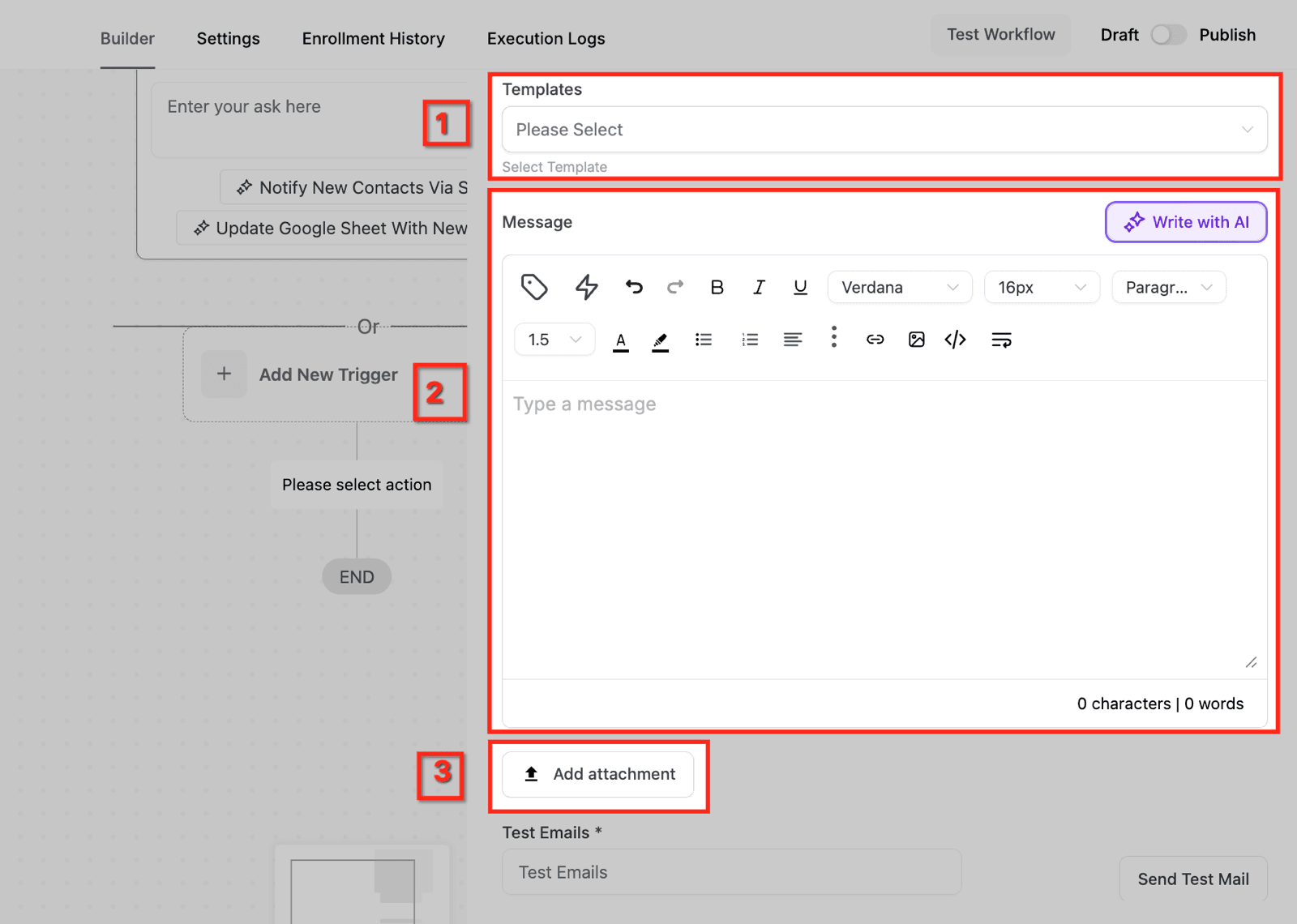 El cuerpo del aviso se arma en tres partes, en el orden marcado: (1) una plantilla guardada, si ya tenés una; (2) el editor del texto, donde se insertan los datos del contacto para que el aviso llegue con contexto; (3) un adjunto, si hace falta.