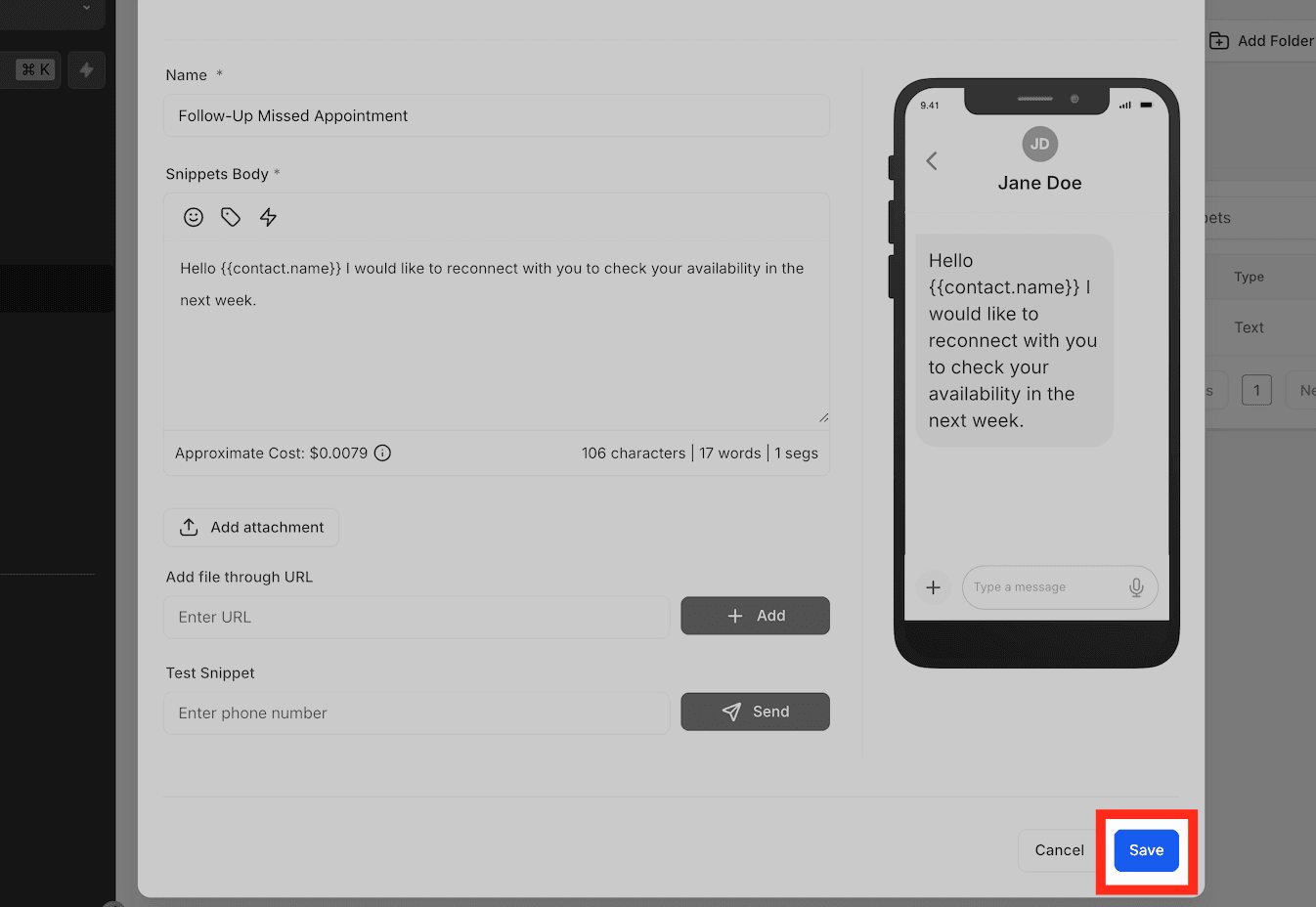 El editor de una respuesta: un nombre corto para encontrarla, el texto con los huecos que se completan solos con los datos del contacto, y a la derecha la vista previa de cómo le va a llegar al teléfono. Debajo, un campo para mandártela a vos primero y leerla antes de que la use el equipo.