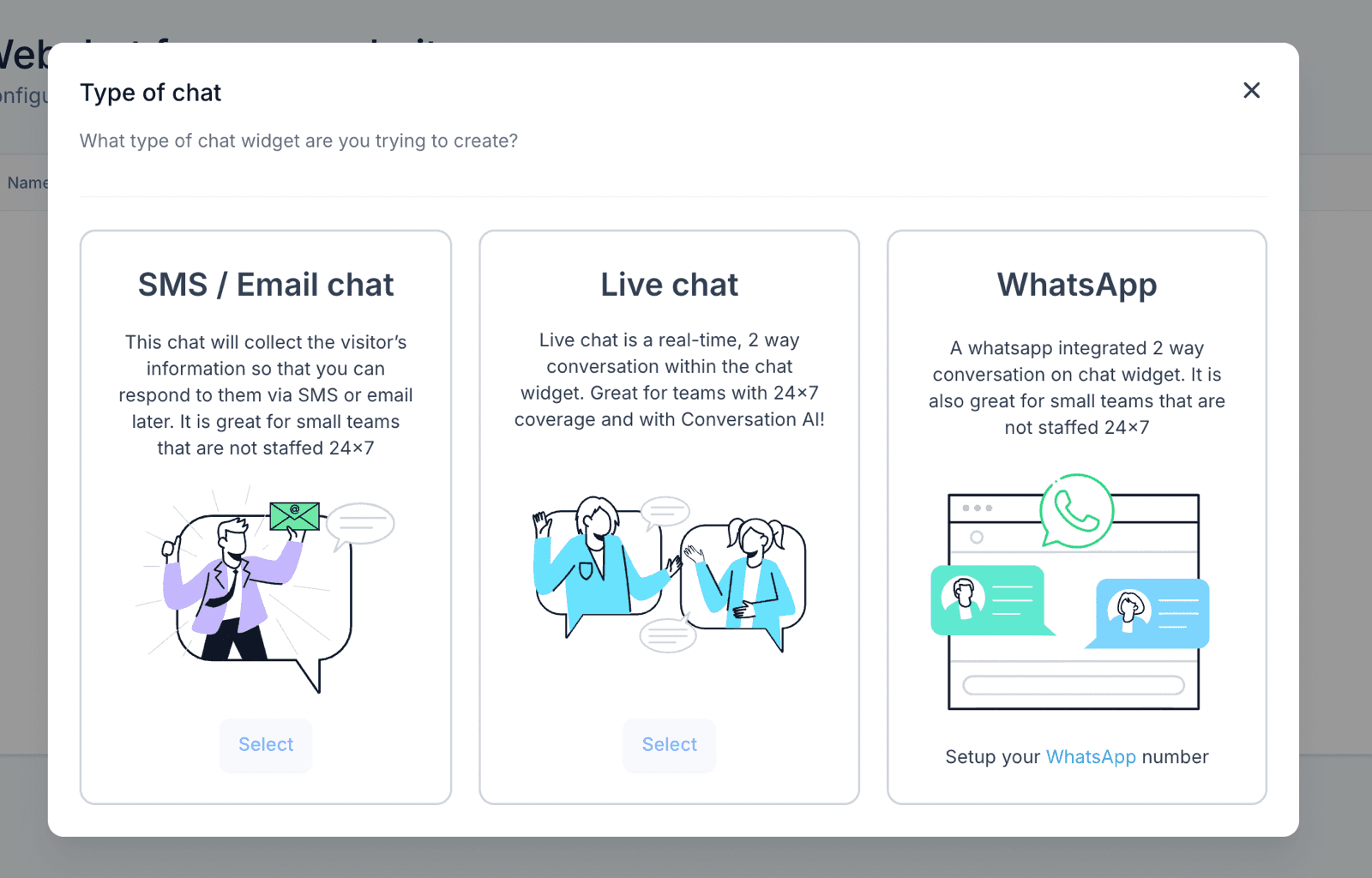 Al crear el chat, lo primero que se elige es de qué tipo va a ser: uno que junta los datos para responder después por mensaje o correo, uno de conversación en vivo dentro de la página, o el que deriva a WhatsApp. La opción de la derecha es la de este artículo y pide tener el número ya conectado.