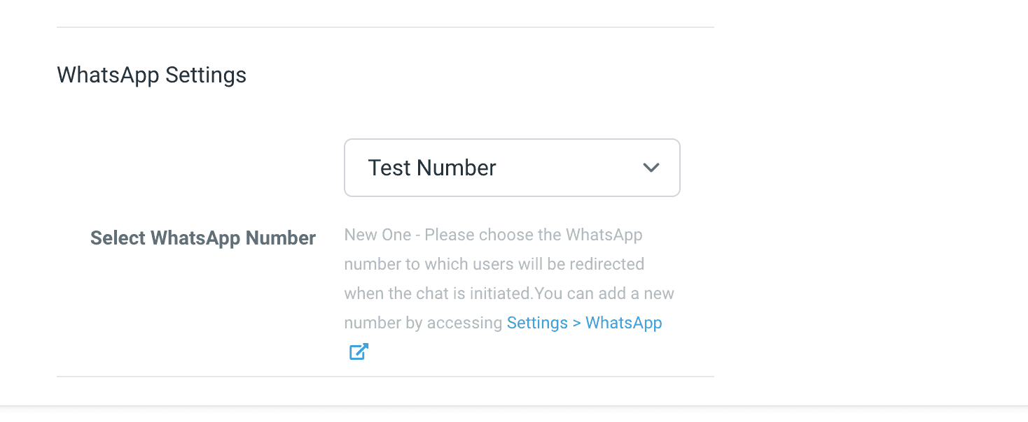 Con el widget en modo WhatsApp aparece esta sección: se elige el número al que se redirige a quien inicia el chat, de entre los que ya tenés conectados en la configuración de WhatsApp.