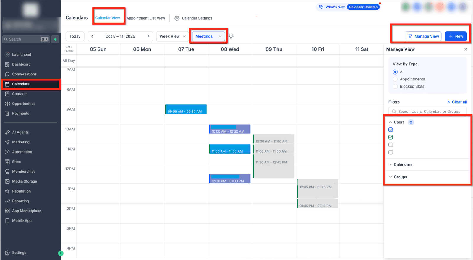 La agenda de la semana, con los turnos ya reservados. El panel de la derecha es el que la vuelve usable cuando atienden varias personas: elegís si querés ver todo, solo los turnos o solo los bloqueos, y filtrás por persona, por calendario o por grupo.