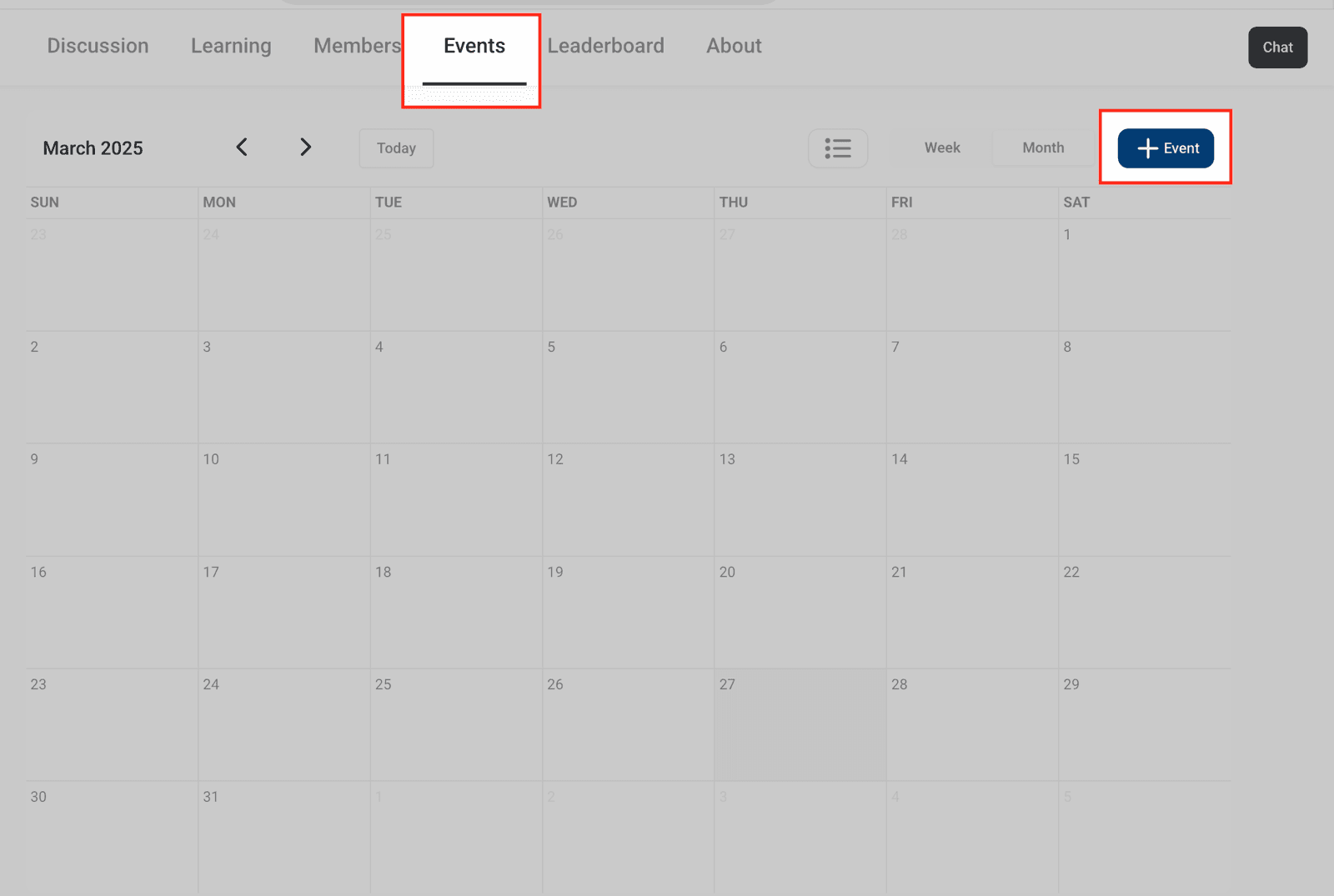 El grupo trae su propio calendario, con vista por semana o por mes y un botón para cargar un encuentro. Un mes vacío como el de la imagen es exactamente lo que ve alguien que acaba de entrar: agendar dos o tres cosas antes de invitar a nadie cambia esa primera impresión.