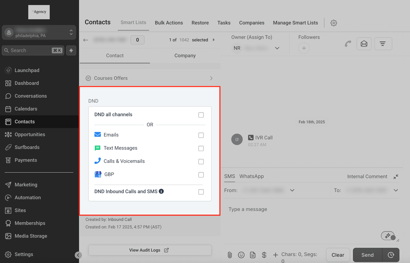 El bloque de no molestar dentro de la ficha del contacto: arriba la opción de cortar todo de una, y debajo la lista de canales sueltos —email, mensajes de texto, llamadas— para apagar solo lo que la persona pidió.