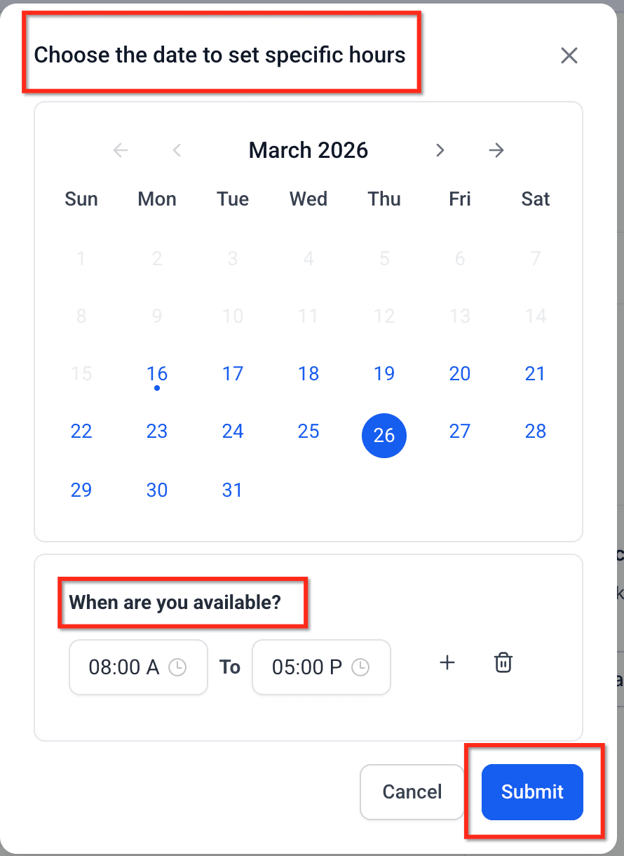 La excepción se carga eligiendo la fecha en el calendario y definiendo las franjas de ese día. Si no cargás ninguna, ese día queda cerrado.