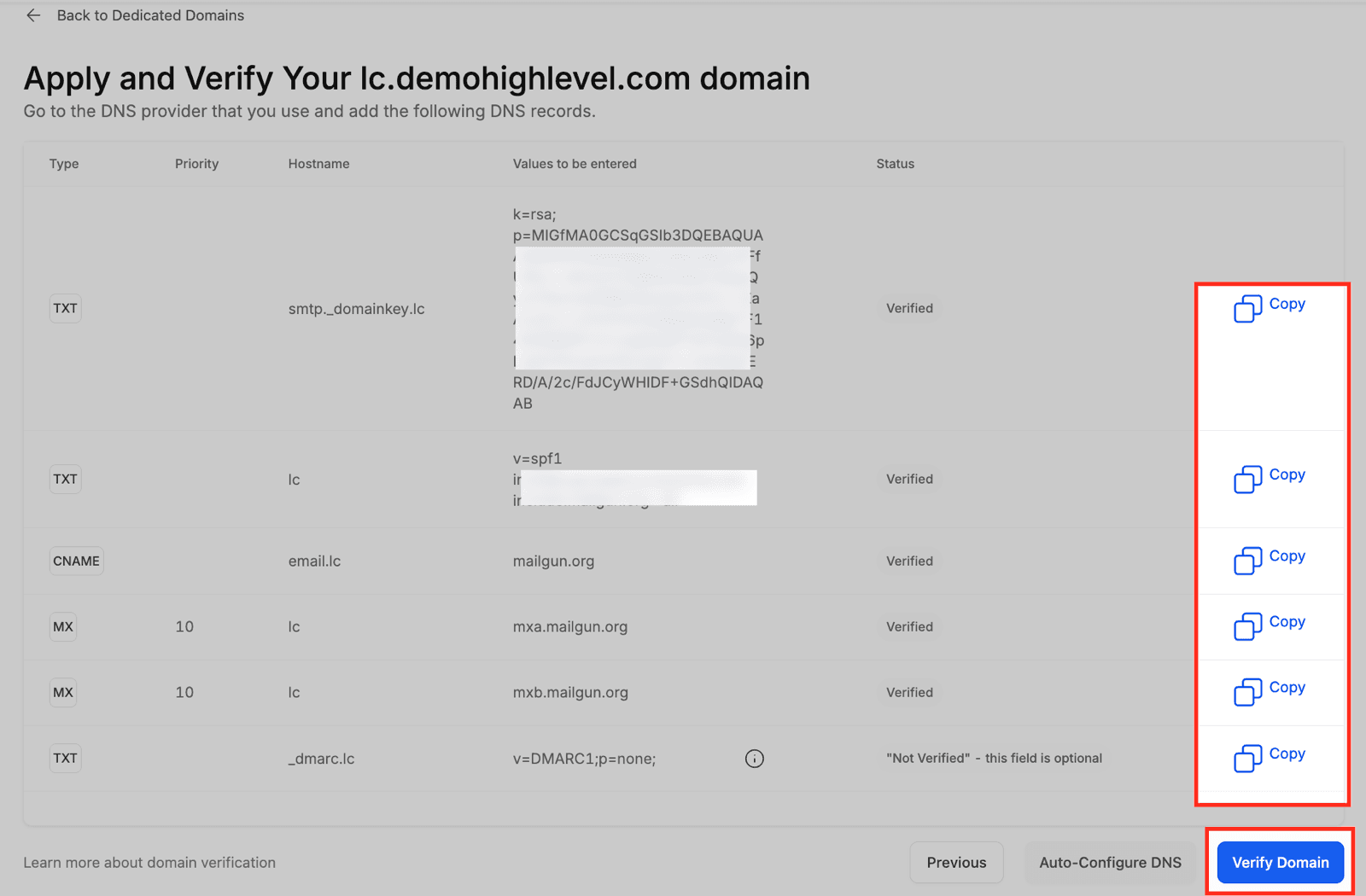 La pantalla de verificación del dominio: la plataforma te arma la lista de registros que hay que cargar en tu proveedor de dominio, con un botón para copiar cada valor y una columna de estado que te va marcando cuáles quedaron verificados.