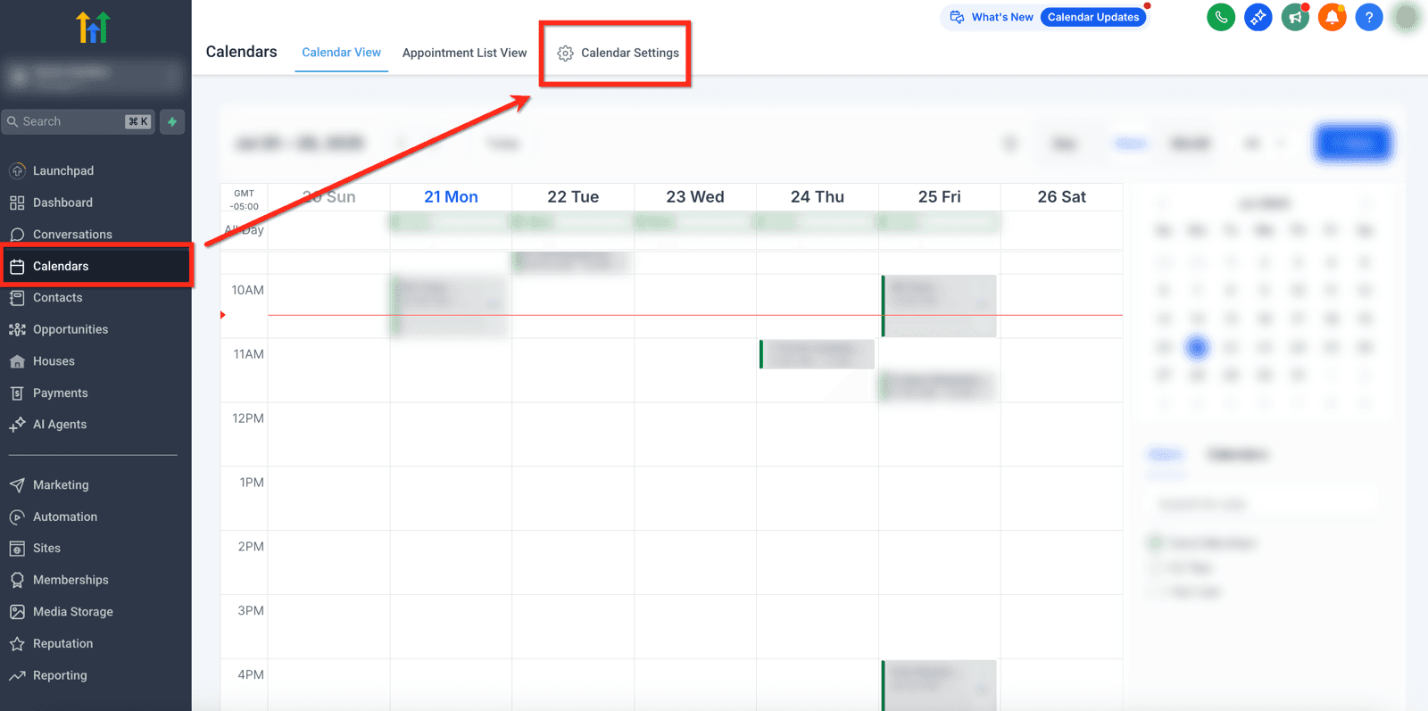 La agenda semanal con los turnos ya volcados sobre la grilla horaria. La flecha marca el acceso a los ajustes del calendario, que es donde se define qué se lee y dónde se escribe; la línea roja es la hora actual.