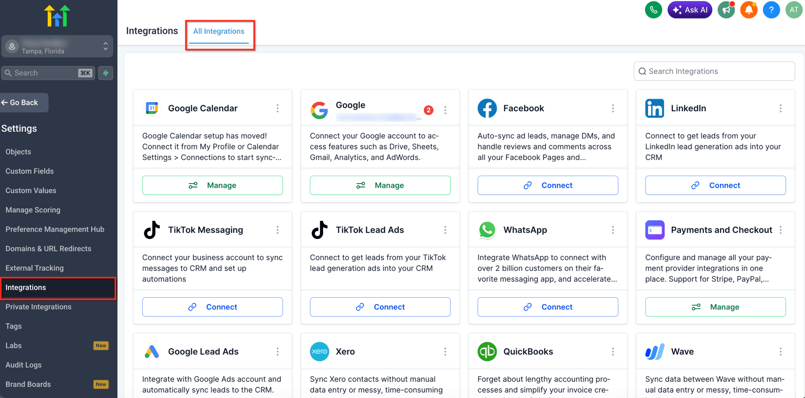 El listado de integraciones dentro de la configuración de la cuenta: cada servicio disponible tiene su tarjeta con una descripción corta y un botón. Las que ya conectaste muestran el botón en verde, para administrarlas; las que no, uno en azul para conectarlas.