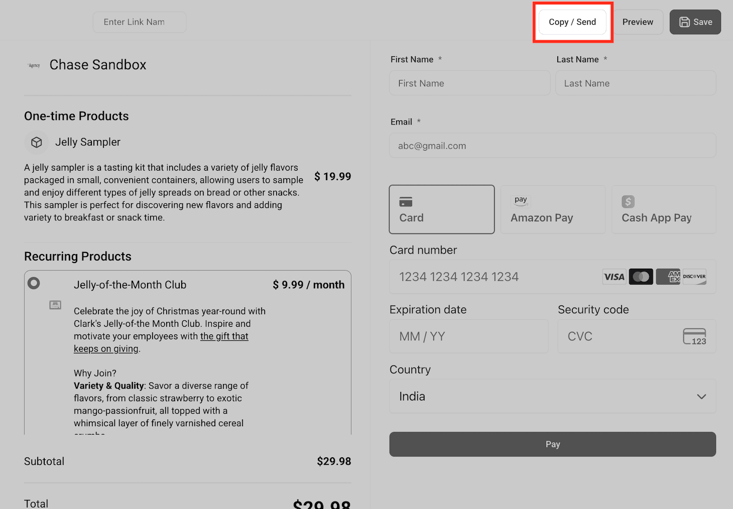 Lo que abre el cliente: a la izquierda el detalle de lo que va a pagar con el total; a la derecha, los datos mínimos y los medios de pago disponibles. Todo entra en una pantalla, sin registro previo. Arriba, los botones para copiar el link o verlo como lo va a ver él.