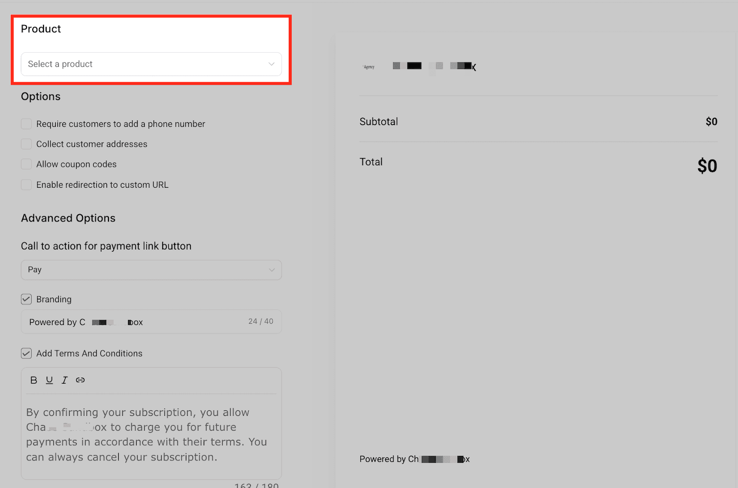 El armado del link: arriba se elige el producto —marcado en rojo— y debajo, la lista de datos extra que se le pueden pedir al comprador. Cada casilla tildada es un campo más en el checkout. A la derecha, la vista previa con el total.