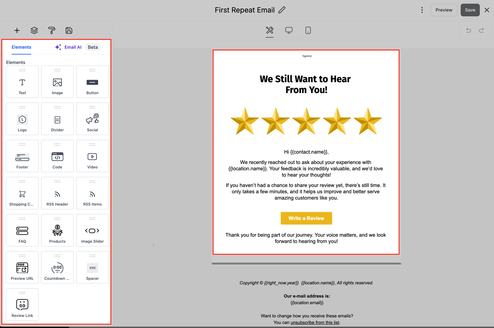 Los correos del pedido se editan con el mismo armador que el resto: bloques a la izquierda para soltar texto, imagen, botón o el enlace a la reseña, y a la derecha el correo como lo va a ver quien lo recibe, con el nombre del contacto y el del negocio puestos como variables.