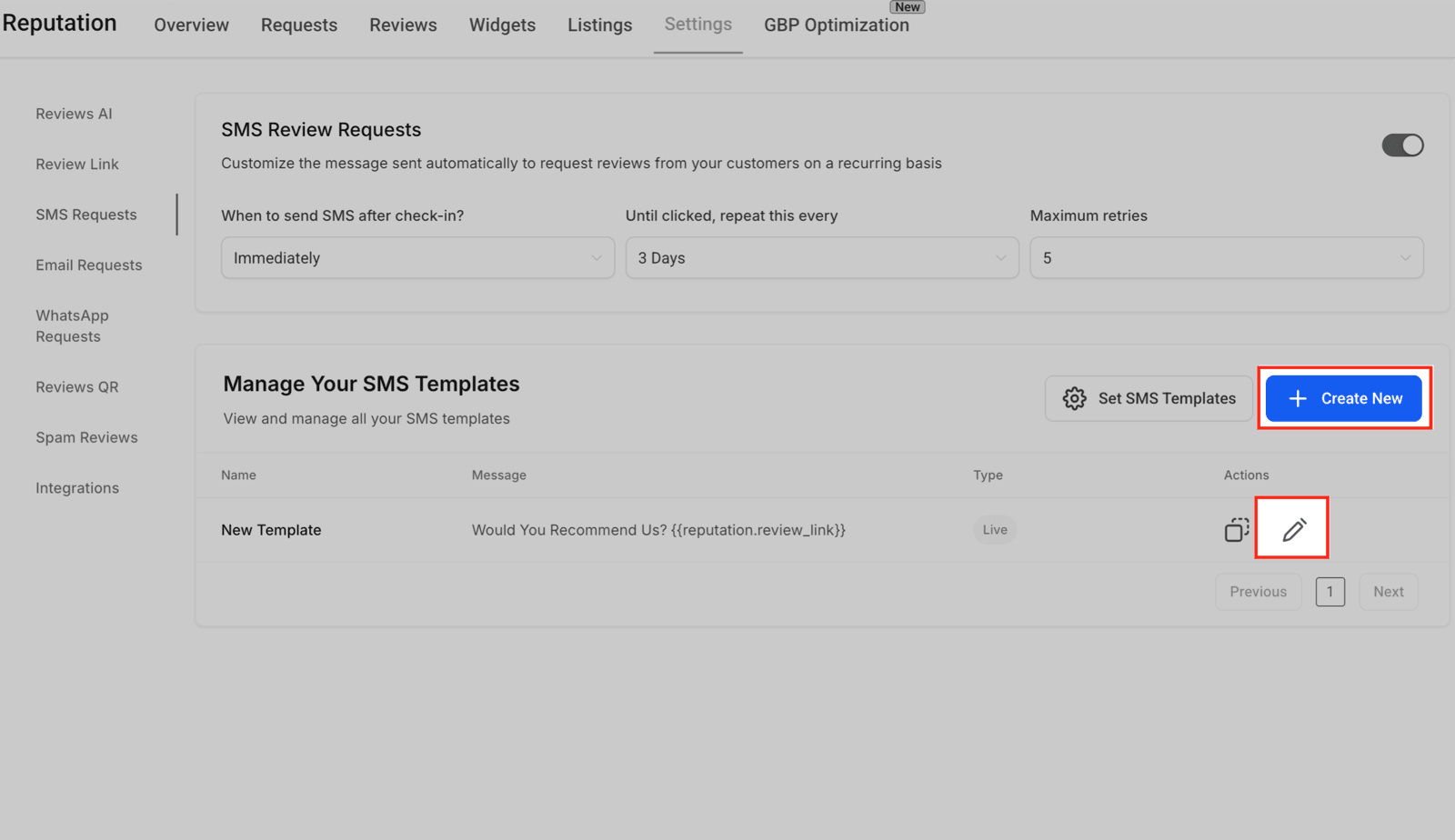 El pedido por mensaje de texto tiene su propia pantalla en la configuración de reputación: cuándo sale desde que atendiste, cada cuánto reintenta hasta que le hagan clic y cuántas veces como máximo. Abajo, los textos guardados, con el enlace a la reseña metido como variable.