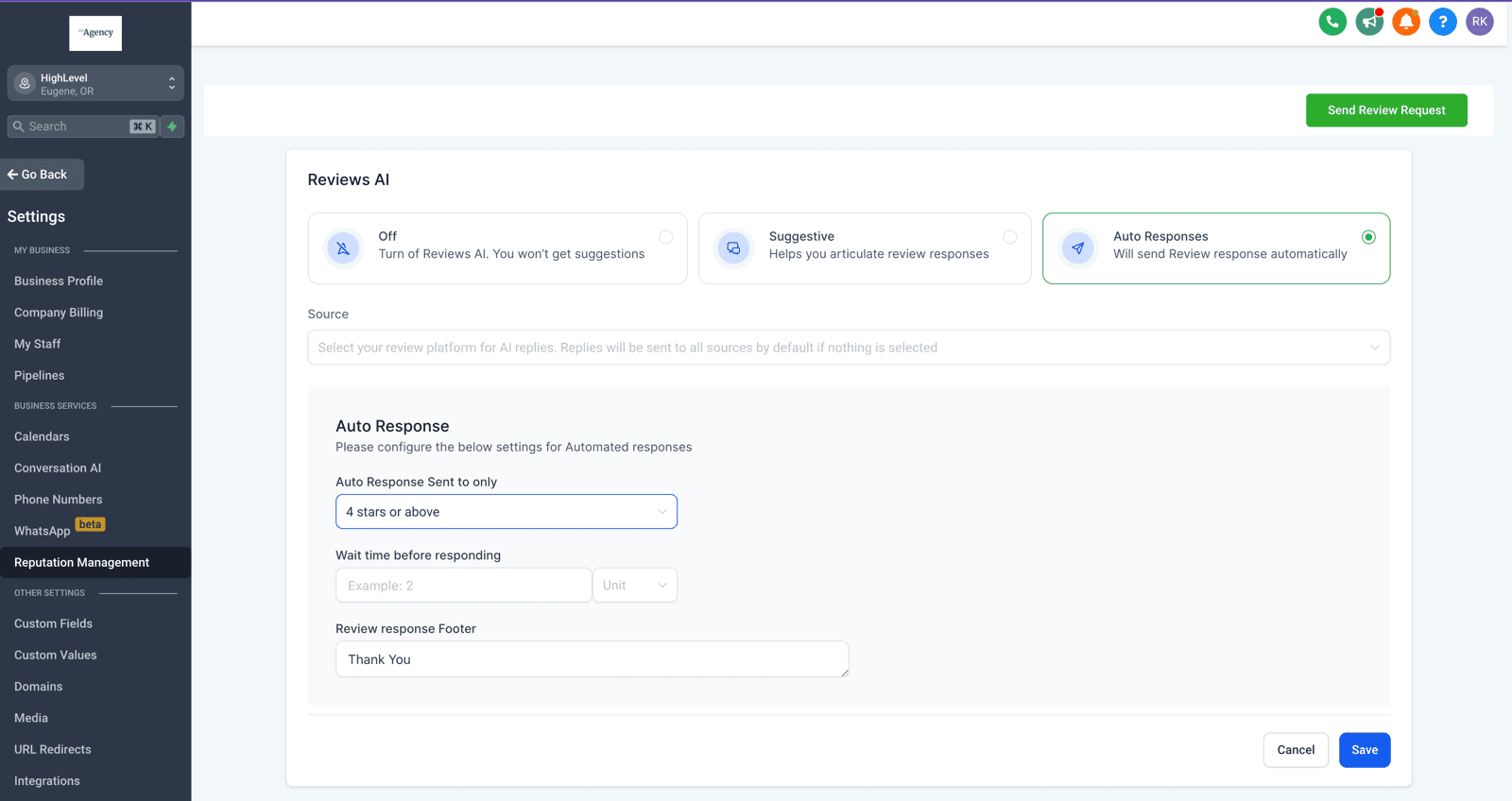 La configuración del asistente de respuestas, dentro de reputación: elegís entre no usarlo, que te sugiera un borrador para revisar, o que responda solo. Si lo dejás automático, podés limitarlo a las reseñas de cuatro estrellas para arriba, poner una demora antes de contestar y fijar una firma.