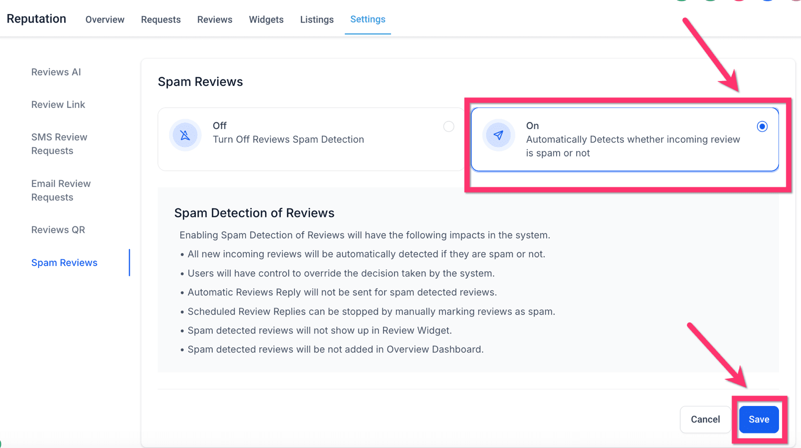 Hay además un detector de reseñas falsas que se prende con un interruptor. Con él activo, las que marca como spam no reciben respuesta automática, no aparecen en el widget de tu sitio y no cuentan para el promedio del panel — y podés revertir su decisión a mano.
