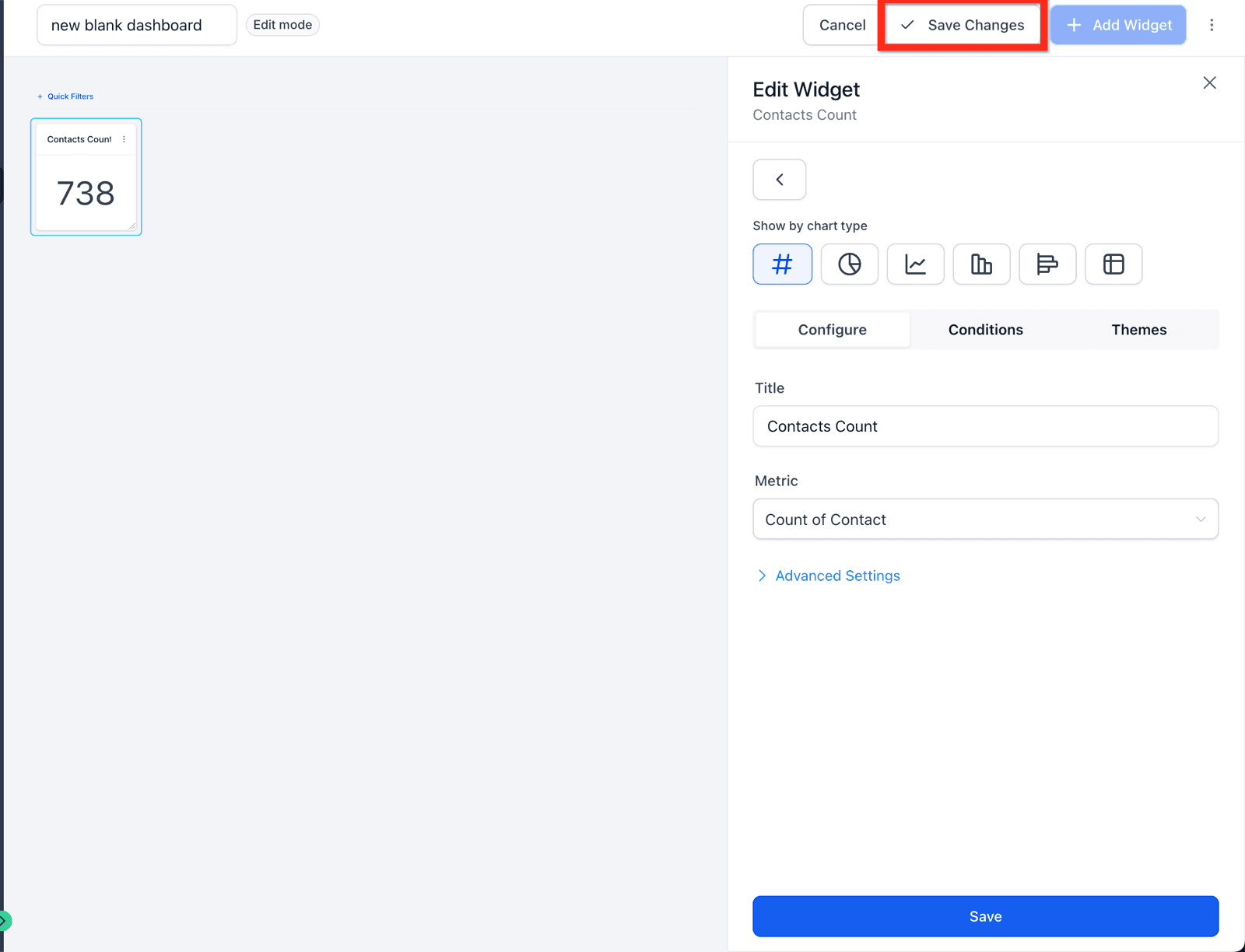 El tablero en modo edición: el widget ya puesto a la izquierda, redimensionable arrastrando la esquina, y el panel de la derecha para cambiarle el título, la métrica y las condiciones. Arriba, recuadrado en rojo, el guardado —hasta que no lo apretás, nada de esto queda.
