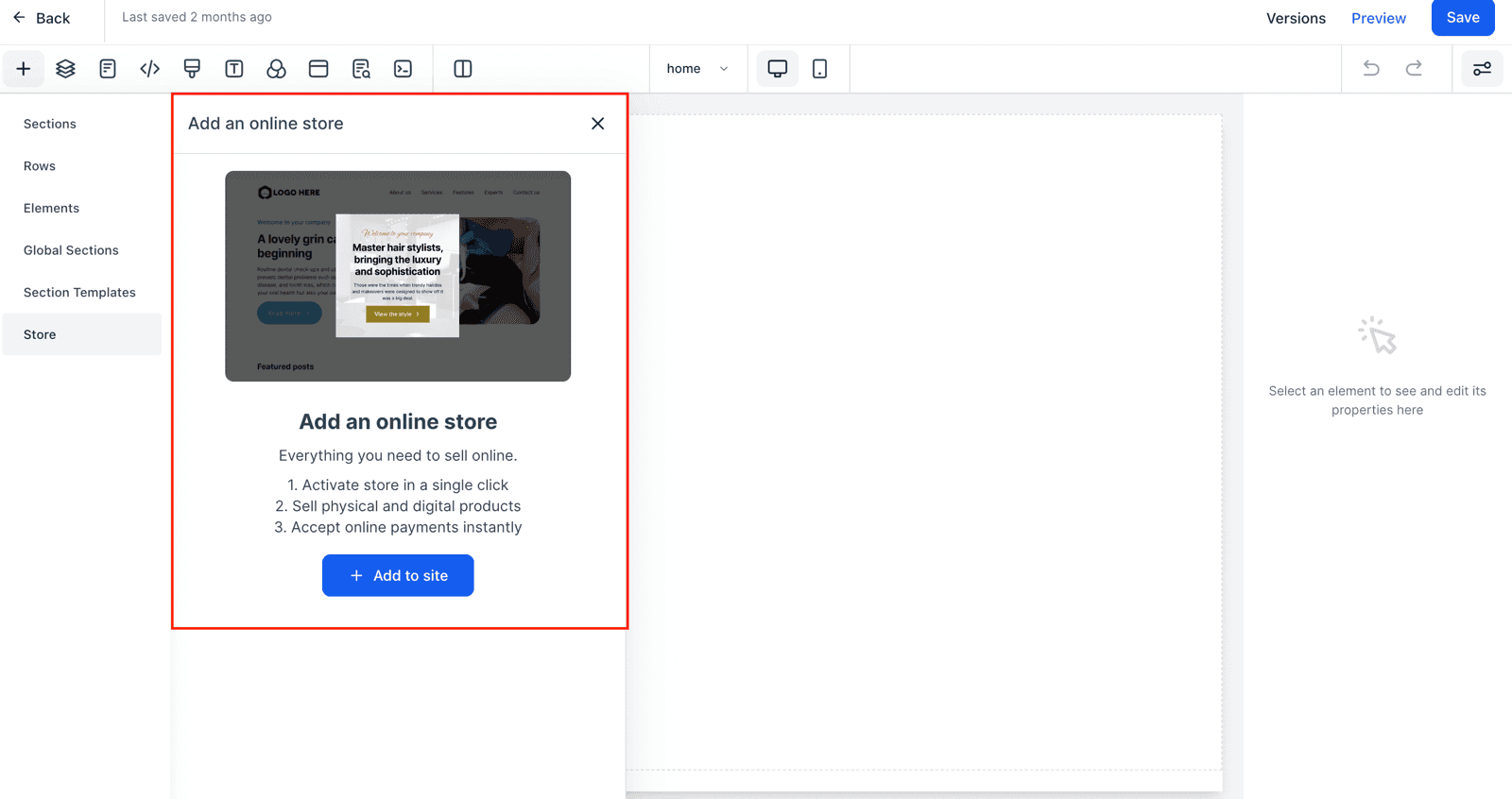 La tienda no es un sitio aparte: se suma como un bloque más al sitio que ya tenés, desde el panel de la izquierda del editor. El botón azul la instala con sus páginas de catálogo, carrito y checkout ya armadas.