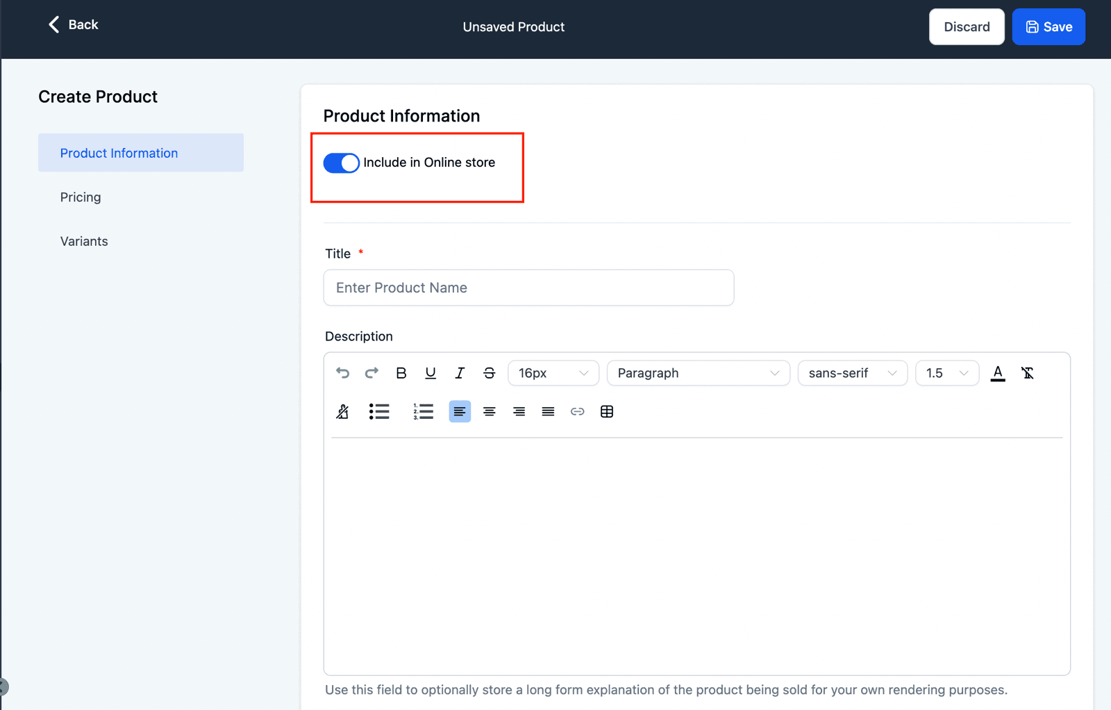La ficha de un producto: arriba, recuadrado, el interruptor que decide si aparece o no en la tienda; después el título y un editor de texto completo para la descripción. Ese cuadro grande es el que casi nadie llena y el que le contesta las dudas a quien no puede tocar el producto.