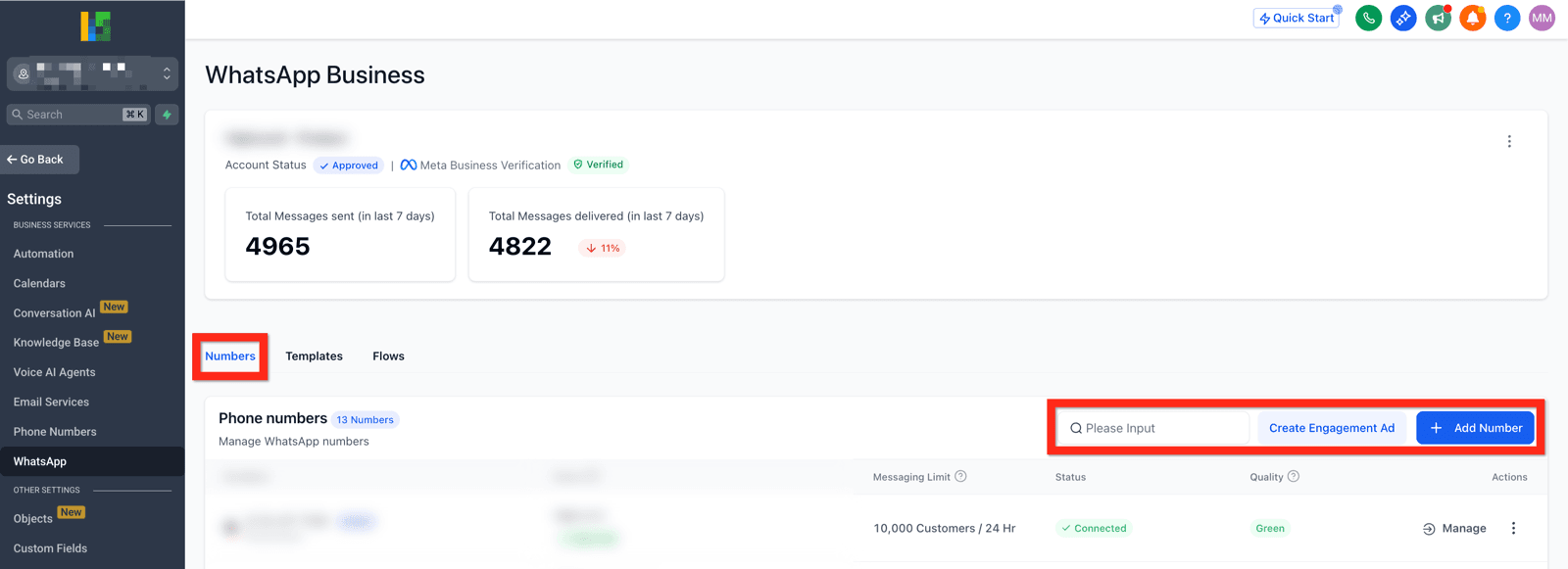 La solapa de números lista cada línea conectada con tres datos que vas a mirar seguido: el tope de conversaciones que Meta te habilita por día, si la línea está conectada, y el semáforo de calidad. En verde y conectado es como tiene que quedar al terminar.