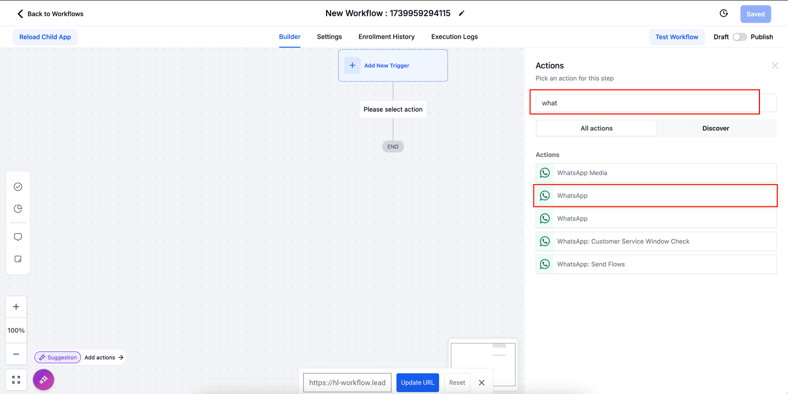 Buscando WhatsApp en el listado de acciones aparecen varias: la de mensaje común, la de mensaje con archivo adjunto, la que consulta si la ventana está abierta y la de flujos interactivos. La que necesitás para mandar un mensaje es la primera.