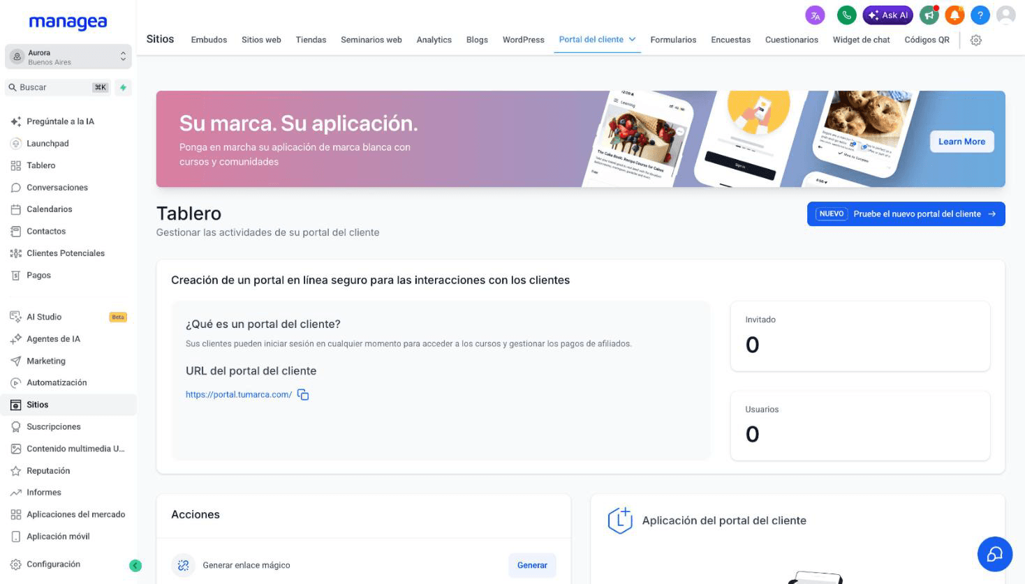 La configuración del portal: qué secciones ve el cliente y cuántos usuarios tiene.