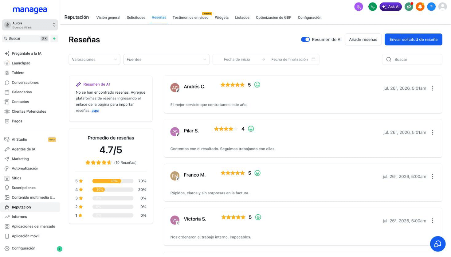 El panel de reputación: promedio, cantidad y las reseñas recibidas.