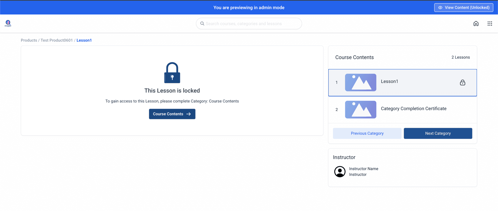 El contenido se puede liberar por etapas: hasta que el alumno no completa lo anterior, la clase siguiente aparece con candado y le dice qué le falta. La franja azul de arriba avisa que esto se está viendo en modo vista previa, con el contenido desbloqueado.