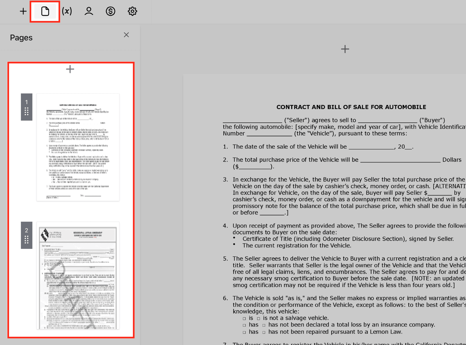El documento se arma por páginas: a la izquierda las miniaturas en orden, que se arrastran para reordenarlas o se suman con el signo de más; a la derecha, la página que estás editando a tamaño real.