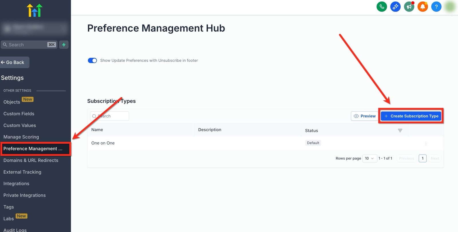 En la configuración podés dar de alta tipos de suscripción: novedades, promociones, avisos de turno. Con la casilla de arriba activada, el pie de cada correo deja elegir de cuál darse de baja en vez de cortar todo, y así perdés el canal solo para lo que a esa persona no le interesa.