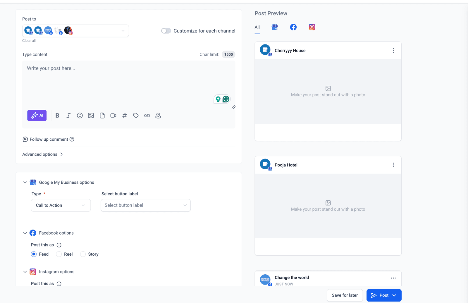 Abajo del editor aparece un bloque de opciones por red: en el perfil de empresa de Google, qué tipo de publicación es y con qué botón; en Facebook e Instagram, si va al muro, como video corto o como historia. A la derecha, la vista previa de cada cuenta seleccionada.